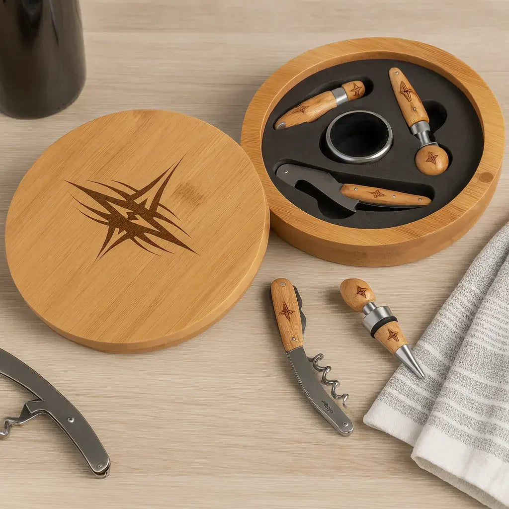 Round Bamboo 4 Piece Wine Tool Set - With customize Engraving option