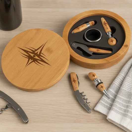 Round Bamboo 4 Piece Wine Tool Set - With customize Engraving option