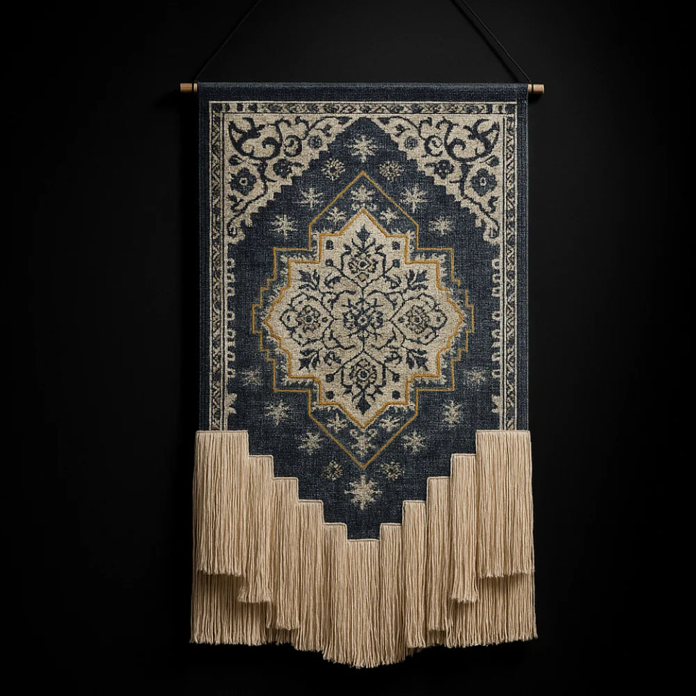 Handmade Blue & White Macrame Wall Hanging — Floral Pattern