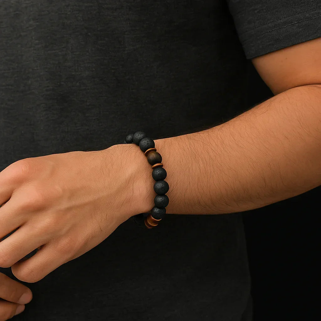 Black Lava and Tiger Eye Stone Bead Bracelet