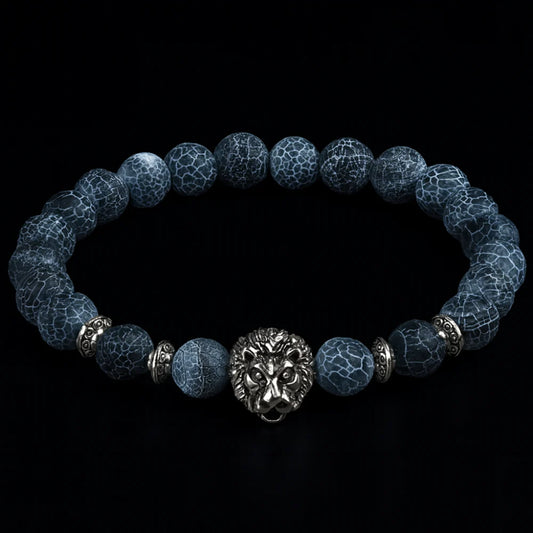 Lion Charm Bracelet with Black Agate Beads