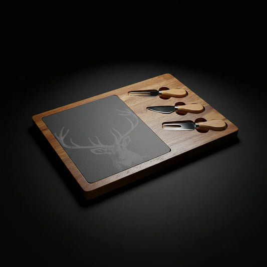 Engraved Acacia Wood Charcuterie Board with Slate — Deer Motif