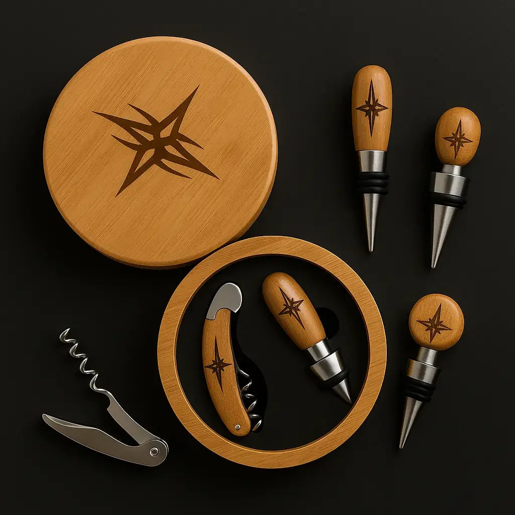 Round Bamboo 4 Piece Wine Tool Set - With customize Engraving option