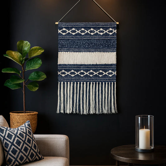 Handmade Denim Blue & White Macrame Wall Hanging