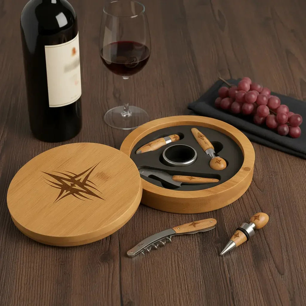 Round Bamboo 4 Piece Wine Tool Set - With customize Engraving option