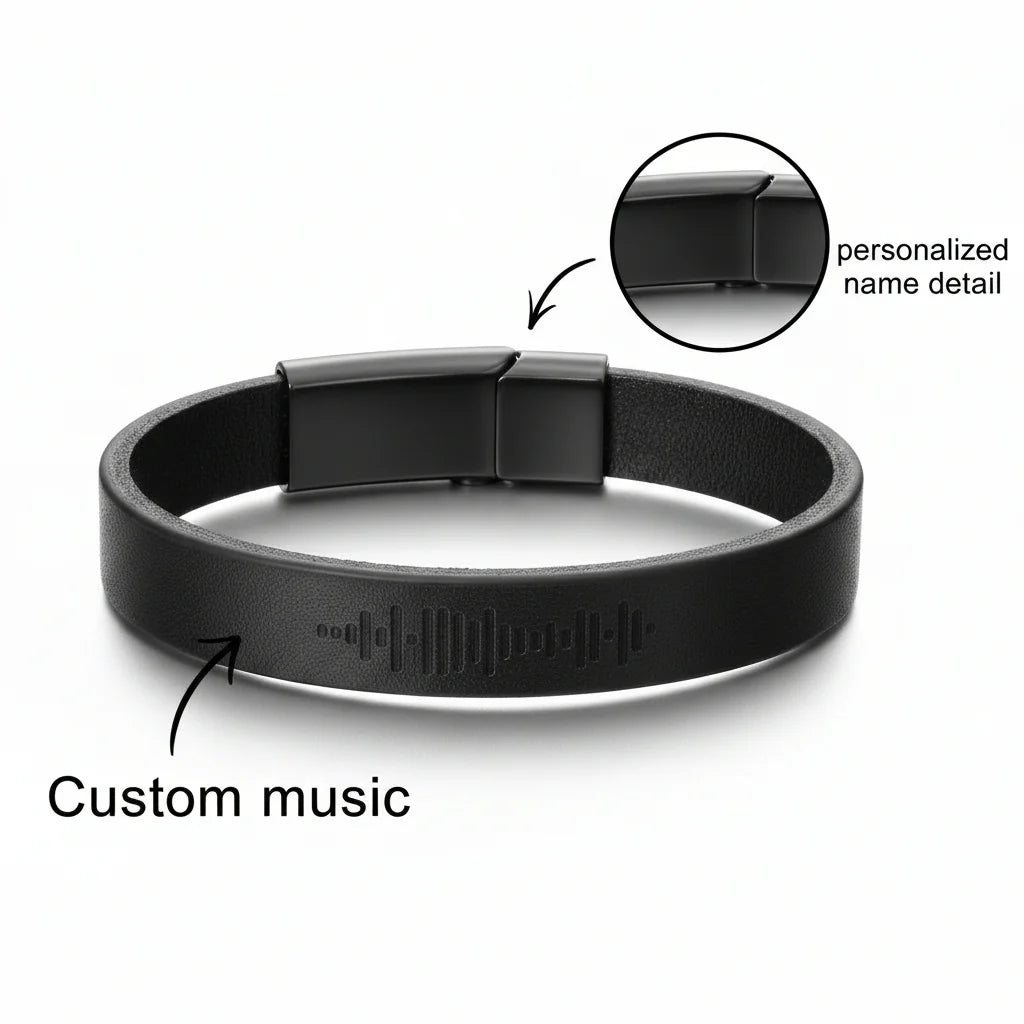 Custom Engraved Music Code PU Leather Bracelet with Magnetic Clasp