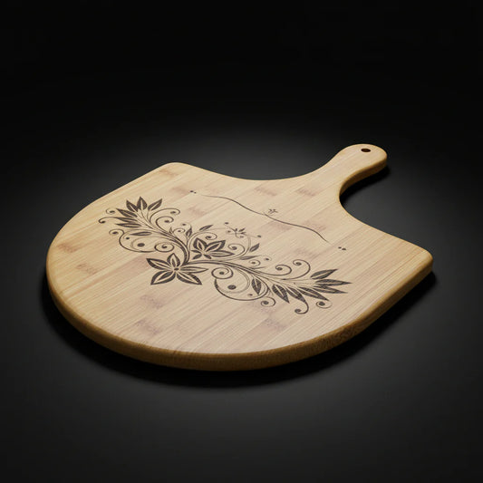 Engraved Bamboo Pizza Peel – Floral Mandala Serving Board