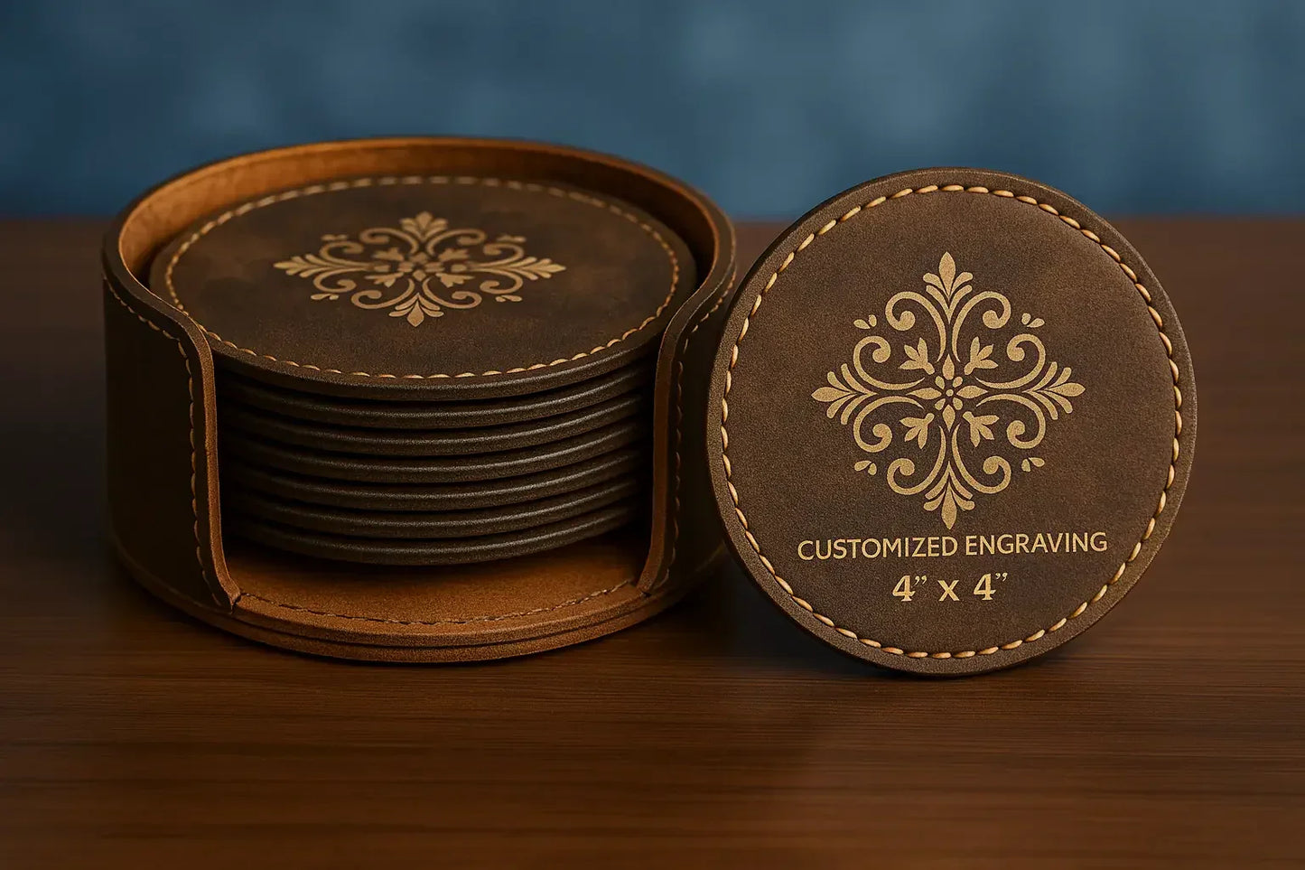 Premium Leather 6-Piece Engraved Leather Coaster Set