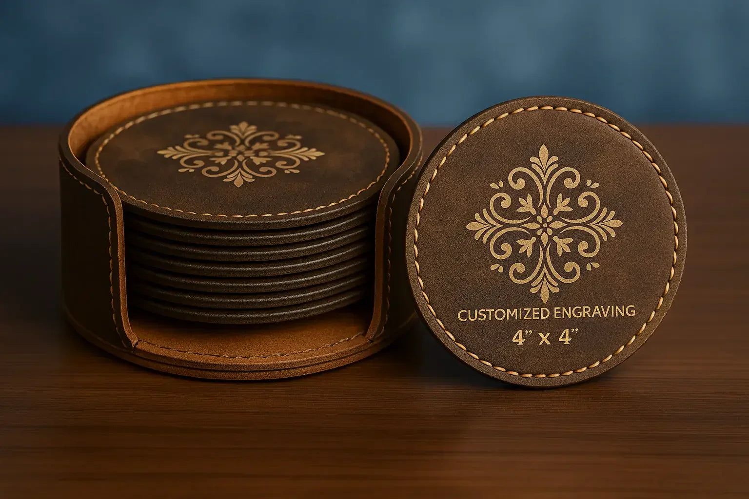 Premium Leather 6-Piece Engraved Leather Coaster Set