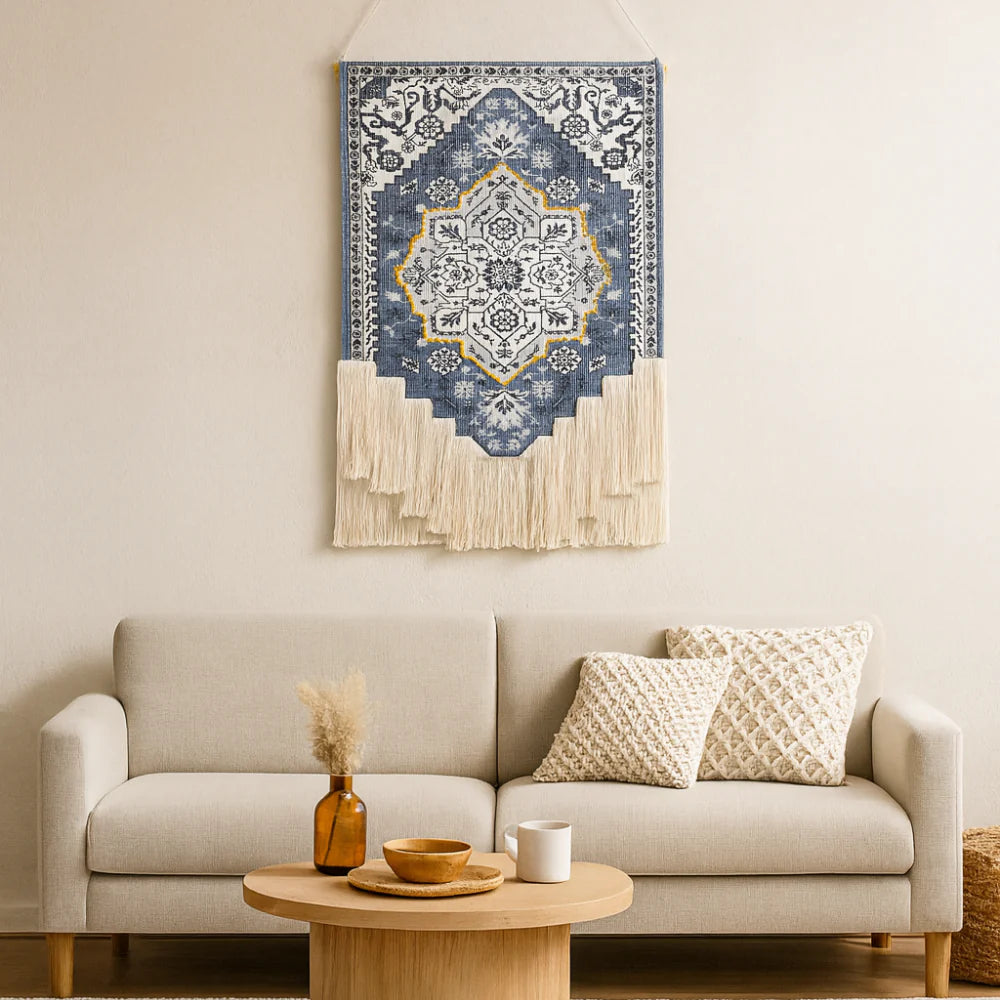 Handmade Blue & White Macrame Wall Hanging — Floral Pattern