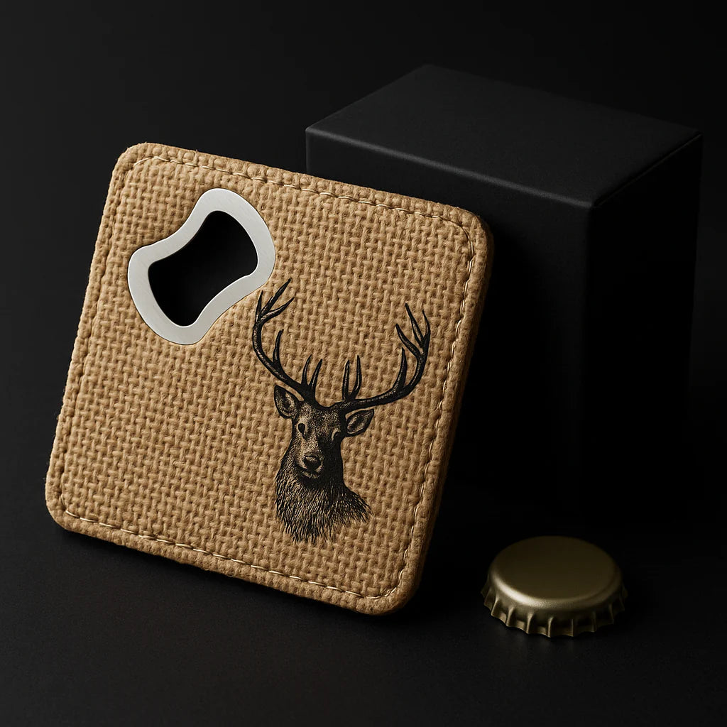Personalized Custom-Engraved Burlap Bottle Opener & Coaster