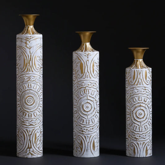 White & Gold Metal Floor Vase Set — Set of 3