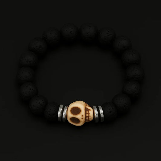 Natural Black Lava and White Skull Stone Bead Bracelet