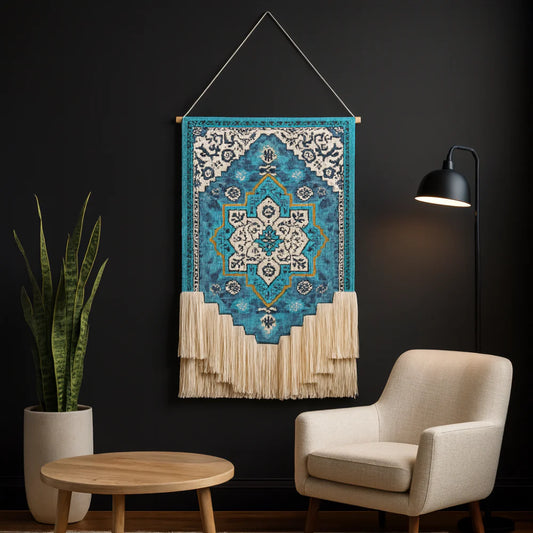 Aqua & Ivory Floral Macrame Wall Hanging, Blue Cotton Woven Flower Tapestry