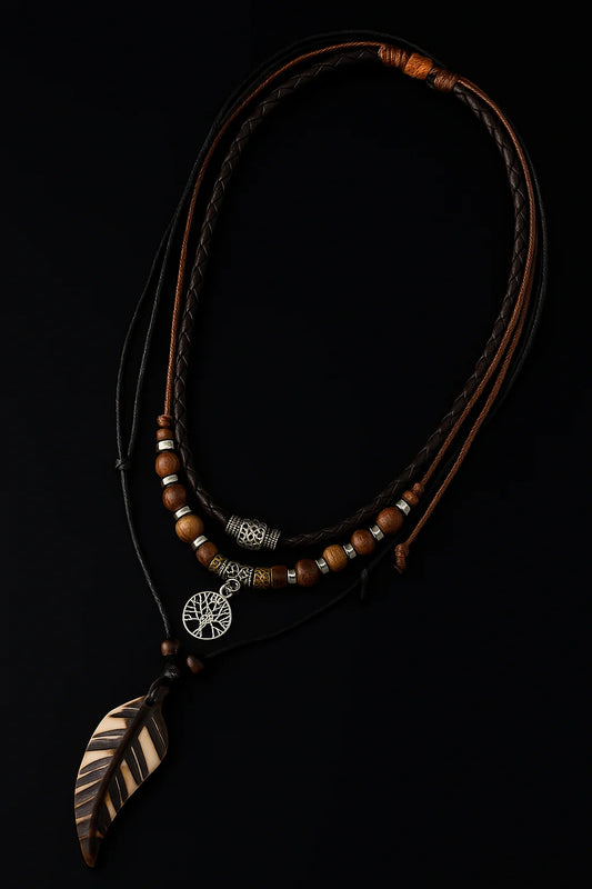 Handmade Feather Pendant Necklace — Boho Leather Cord