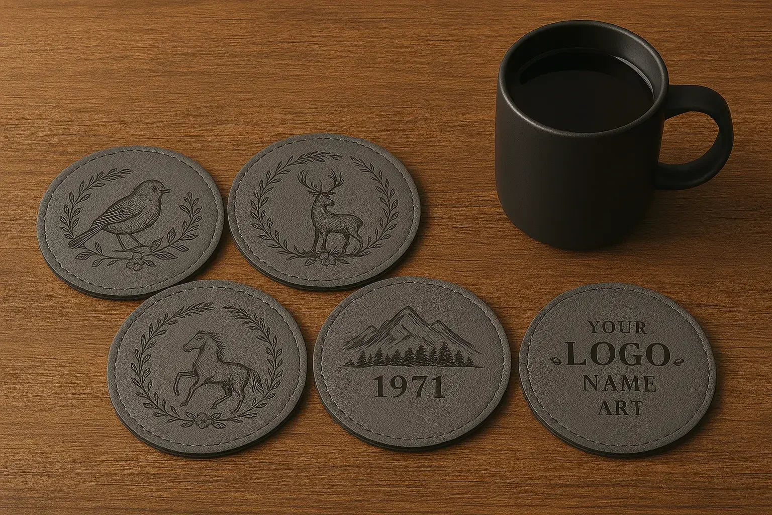 Premium 6-Piece Engraved Leather Grey Coaster Set