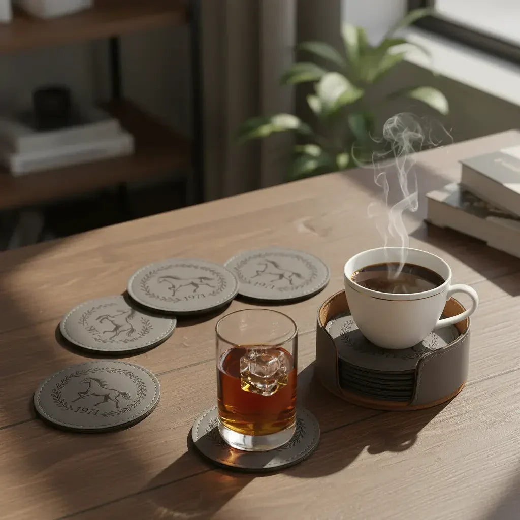 Premium 6-Piece Engraved Leather Grey Coaster Set